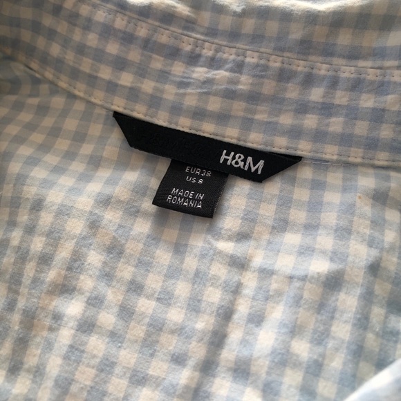 H&M US 8 Baby Blue and White Plaid Collared Buttoned Blouse 97% Cotton - Picture 7 of 12